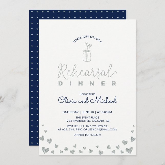 Silver & Navy | Hearts Rehearsal Dinner Invitation (Front/Back)