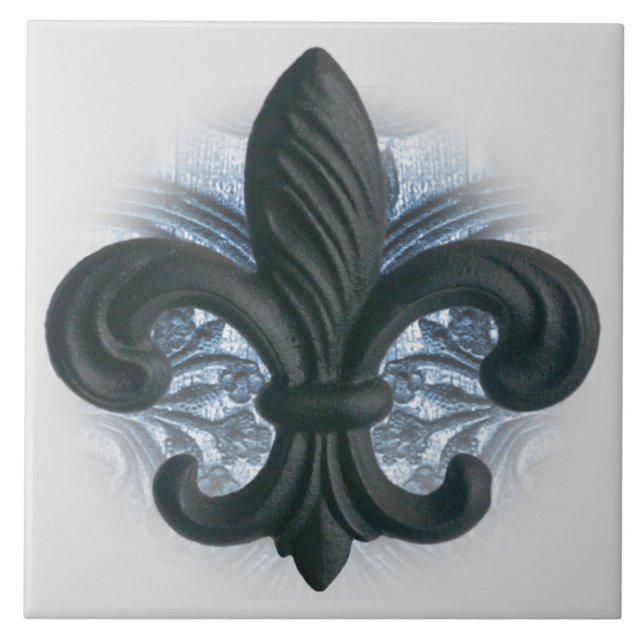 "silver/navy" iron fleur de lis LARGE TILE/TRIVET Tile (Front)
