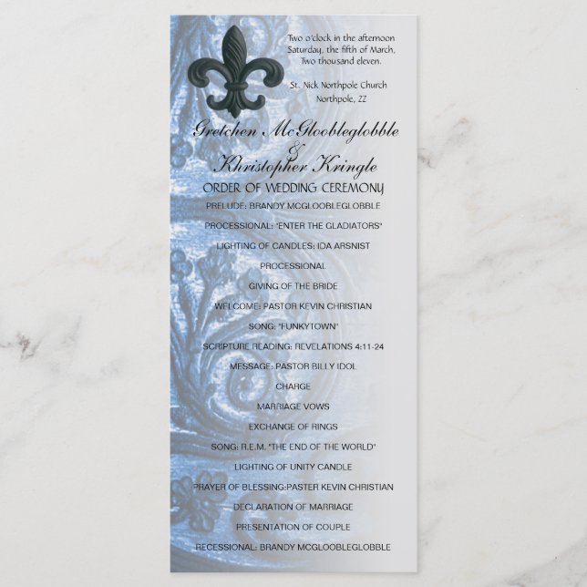 silver/navy "iron fleur de lis" WEDDING PROGRAM (Front)