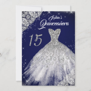 Silver Navy Lace Diamond Sparkle Gown Quinceanera Invitation