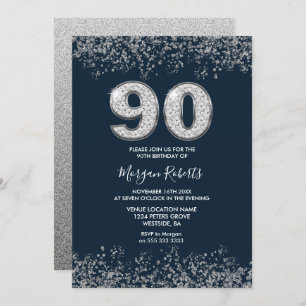 Silver & Navy Mens Womans 90th Birthday Party Invitation