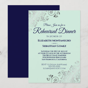 Silver Navy & Mint Green Wedding Rehearsal Dinner Invitation