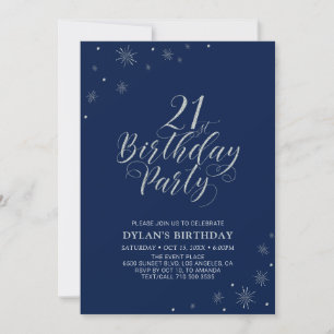 Silver & Navy   Modern Chic 21st Birthday Party Invitation