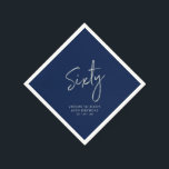 Silver & Navy Sixty Modern 60th Birthday Party Napkin<br><div class="desc">This custom paper napkin will add stylish detail to your 60th birthday celebration. This 60th birthday napkin design features simple chic silver lettering "Sixty" with custom text on a navy blue background. Matching invitations and party supplies are available in my shop BaraBomDesign.</div>