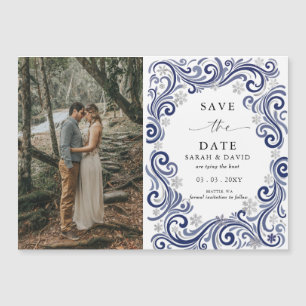 Silver Navy Snowflake Winter Photo Save the Date