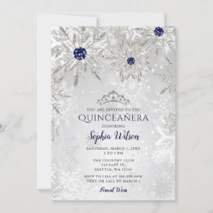Silver Navy Snowflakes Tiara Quinceañera Invitation