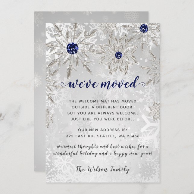 Silver Navy Snowflakes We've Moved Holiday Cards (Front/Back)