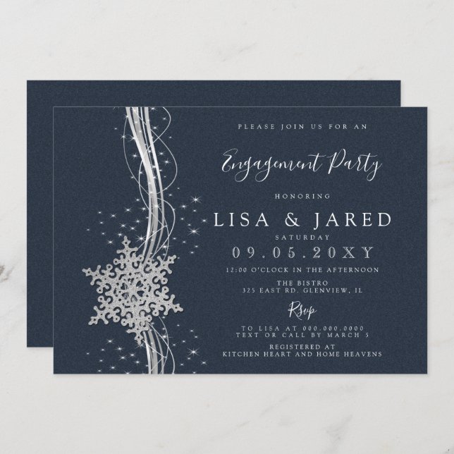 Silver Navy Snowflakes Winter Engagement Party   Invitation (Front/Back)