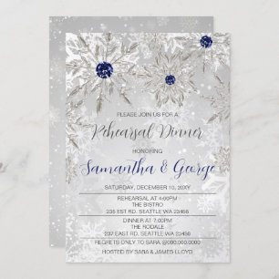 Silver Navy Snowflakes Winter Rehearsal Dinner Invitation
