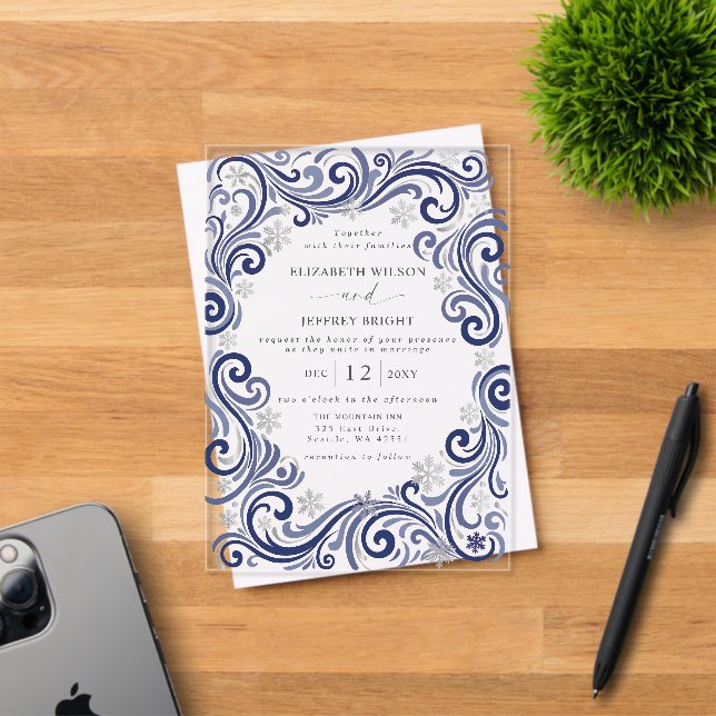 Silver Navy Snowflakes Winter Wedding Acrylic Invitations (Insitu (Invitation Card))