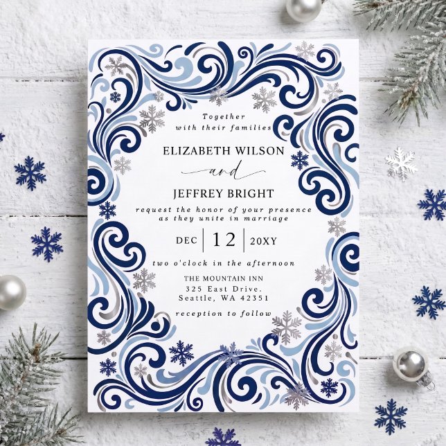 Silver Navy Snowflakes Winter Wedding Invitation (Silver Navy Snowflakes Winter Wedding Invitation)