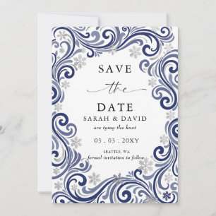 Silver Navy Snowflakes Winter Wedding Photo  Save The Date