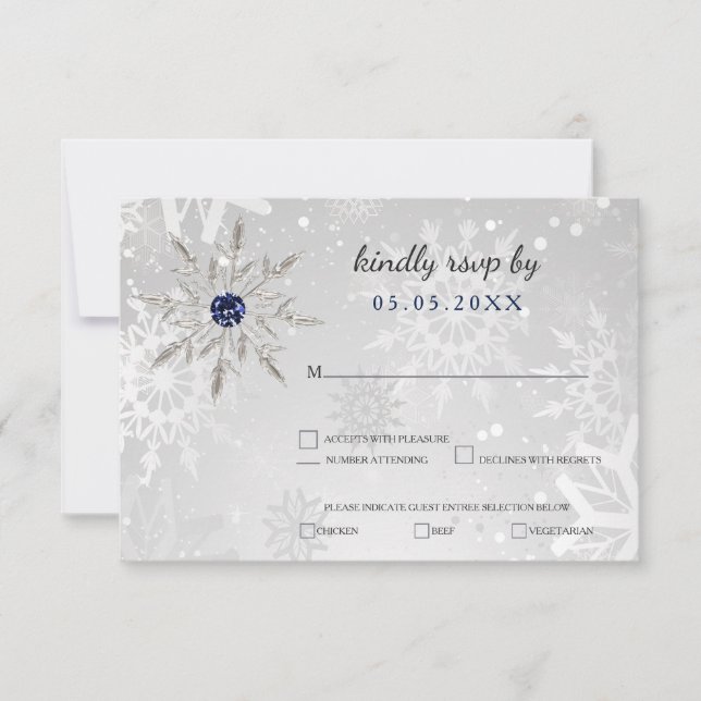 silver navy snowflakes winter wedding rsvp (Front)