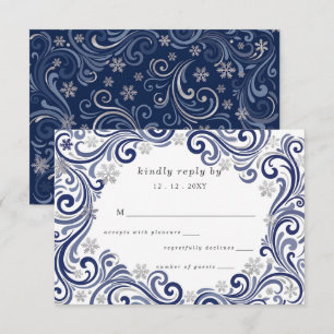 Silver Navy Snowflakes Winter Wedding RSVP Card