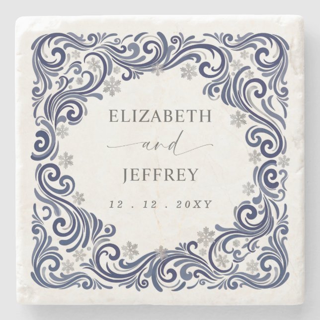 Silver Navy Snowflakes Winter Wedding Stone Coaster (Front)
