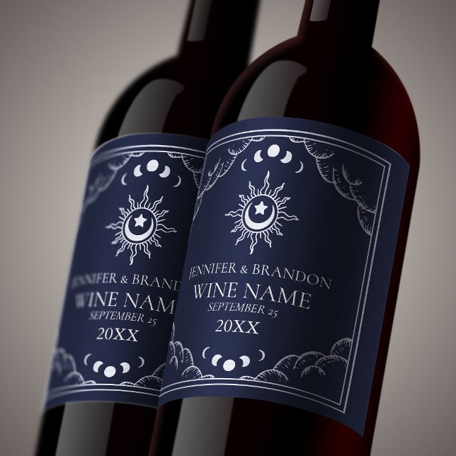Silver & Navy Vintage Tarot Card Wedding  Wine Label (Creator Uploaded)