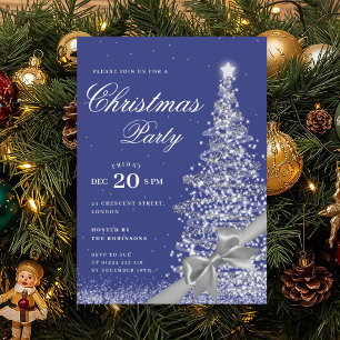 Silver Navy Winter Christmas Tree Bow Holiday  Invitation