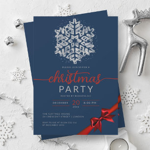 Silver Navy Winter Glitter Snowflake Company Xmas  Invitation