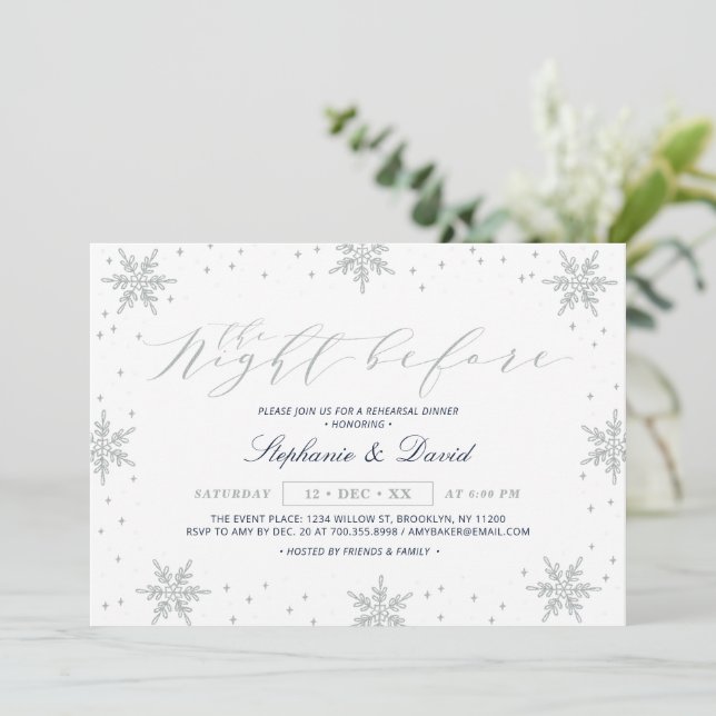 Silver & Navy Winter Snow Rehearsal Dinner Party I Invitation (Standing Front)
