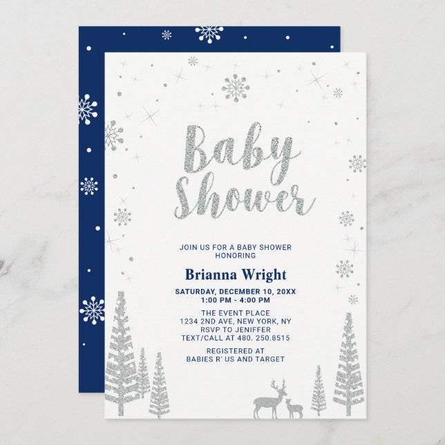 Silver & Navy Winter Wonderland Boy Baby Shower Invitation (Front/Back)