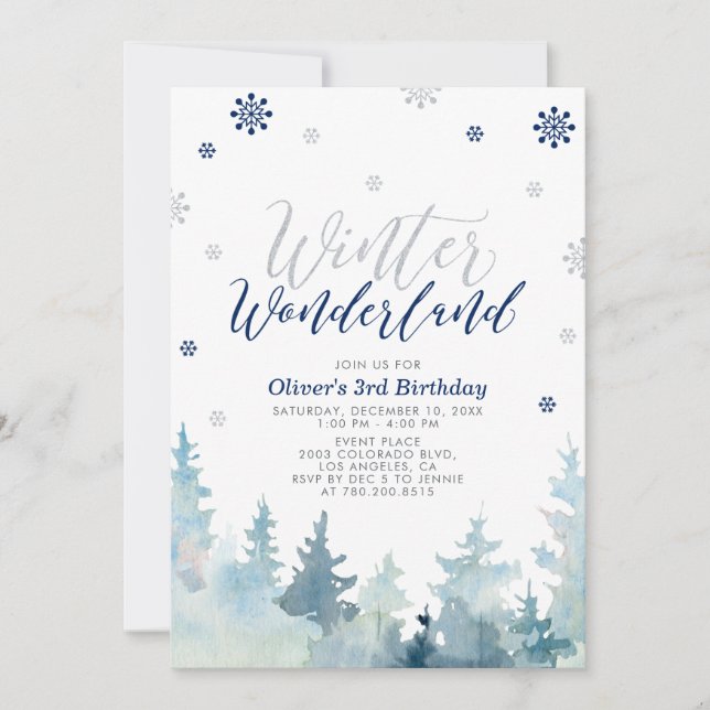 Silver & Navy Winter Wonderland Boy Birthday Party Invitation (Front)