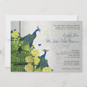 Silver Navy Yellow Vintage Peacock Birdcage Invite