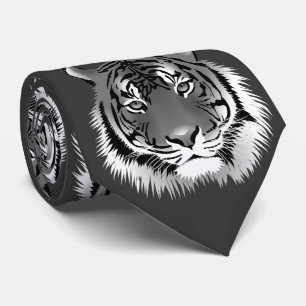 Silver Neck Tie with Black-White Tiger