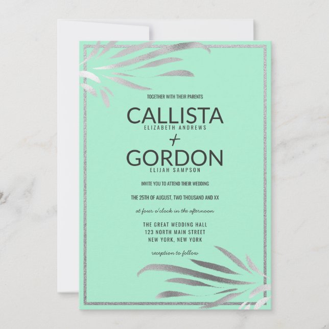 Silver Neo Mint Leaves Glitter Border Wedding Invitation (Front)