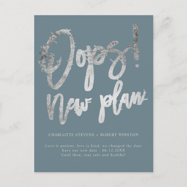 Silver new plan wedding change the date announcement postcard (Front)
