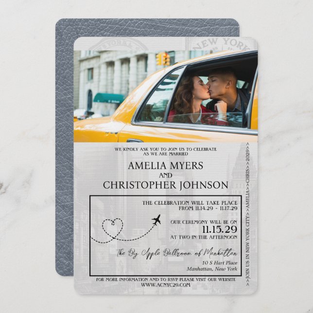 Silver New York City Passport Wedding Invitation (Front/Back)
