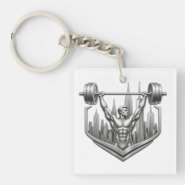 Silver NYC Bodybuilder Logo - Metallic New York Ci Key Ring (Front)