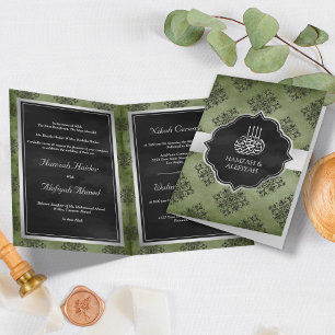 Silver Olive Green Black Damask Muslim Wedding Invitation
