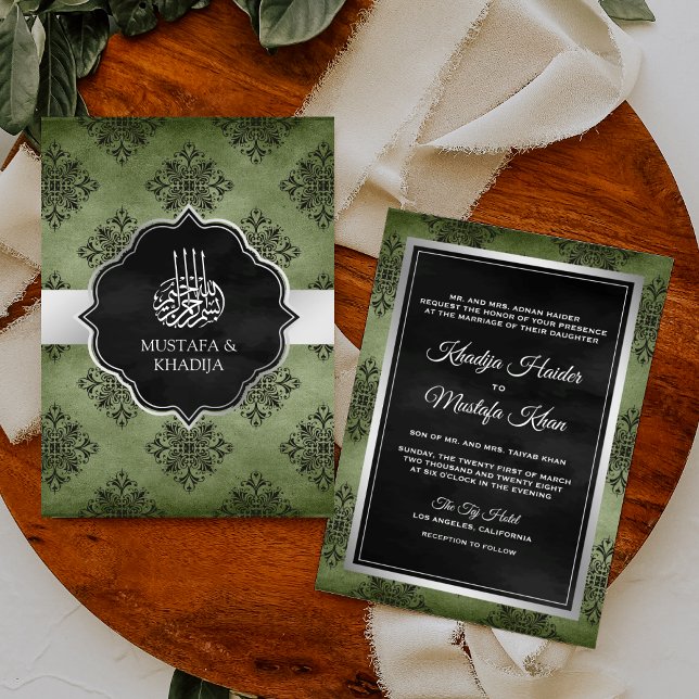 Silver Olive Green Black Damask Muslim Wedding Invitation (Creator Uploaded)