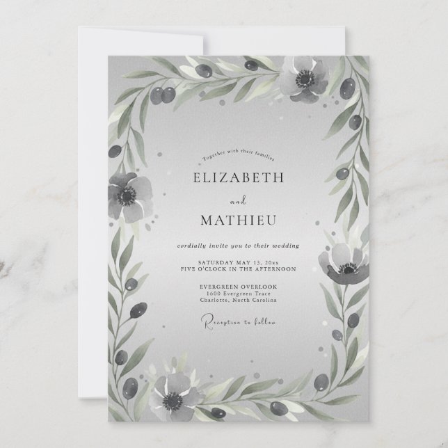 Silver Olive Leaf Wedding Invitation (Front)