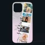 Silver ombre 4 photo grid collage name monogram iPhone 12 case<br><div class="desc">Modern 4 photos grid collage name and monogram silver glitter ombre on pastel pink with a photo booth style collage</div>