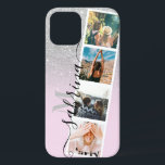 Silver ombre 4 photo grid collage name monogram iPhone 12 case<br><div class="desc">Modern 4 photos grid collage name and monogram silver glitter ombre on pastel pink with a photo booth style collage</div>