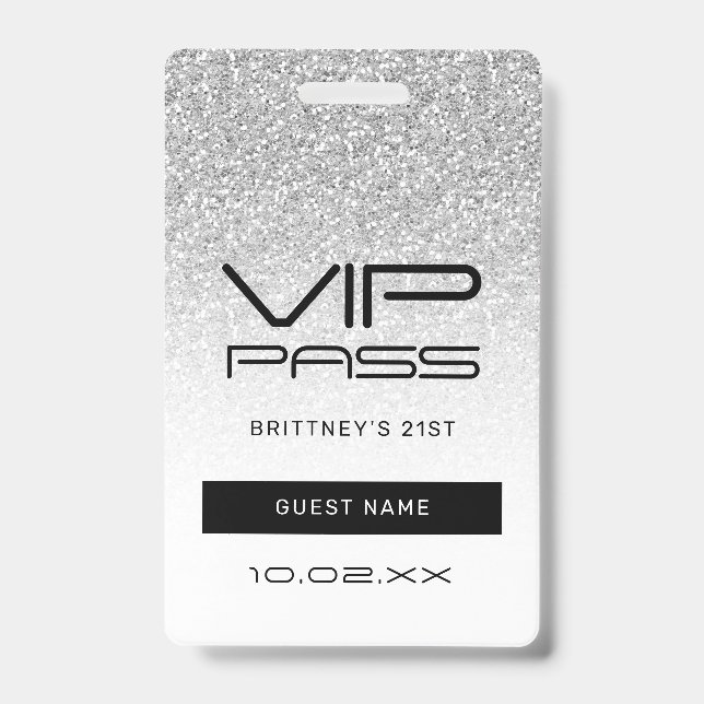 Silver Ombre Glitter Glam VIP Pass 21st Invitation ID Badge (Front)