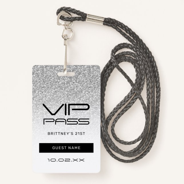 Silver Ombre Glitter Glam VIP Pass 21st Invitation ID Badge (Front with Lanyard)