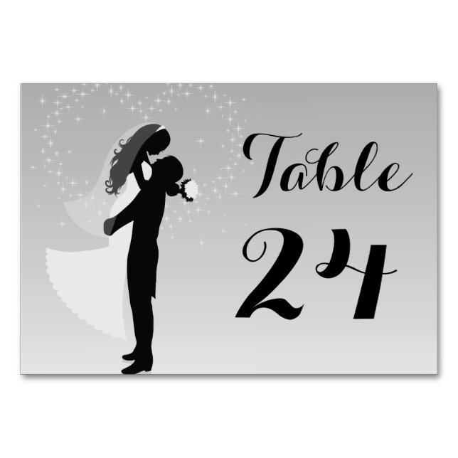 Silver Ombre Silhouette Bride And Groom Table Card (Front)