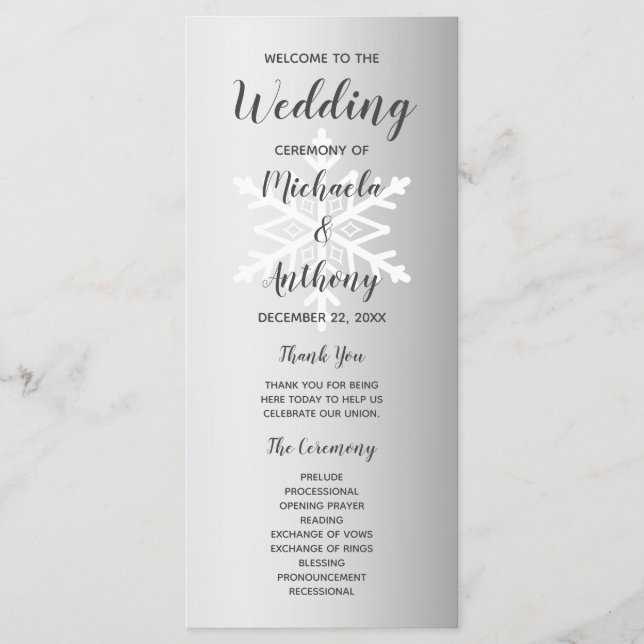 Silver Ombre Snowflake Winter Wedding Program (Front)