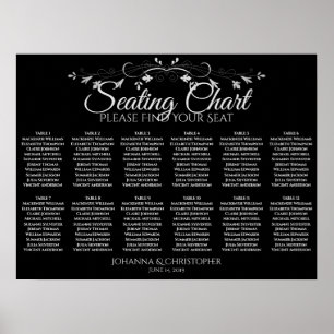 Silver on Black 12 Table Wedding Seating Chart