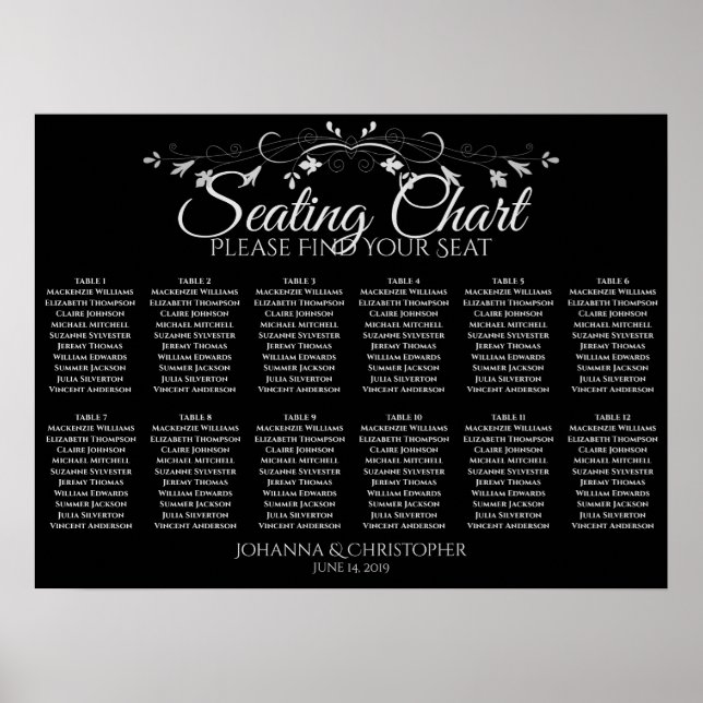 Silver on Black 12 Table Wedding Seating Chart (Front)