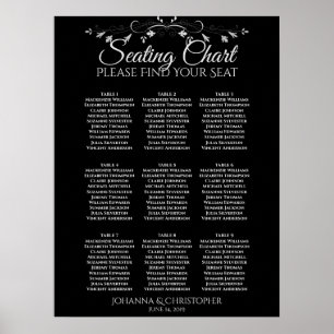 Silver on Black 9 Table Wedding Seating Chart