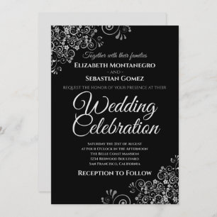 Silver on Black Simple Elegant Wedding Invitation