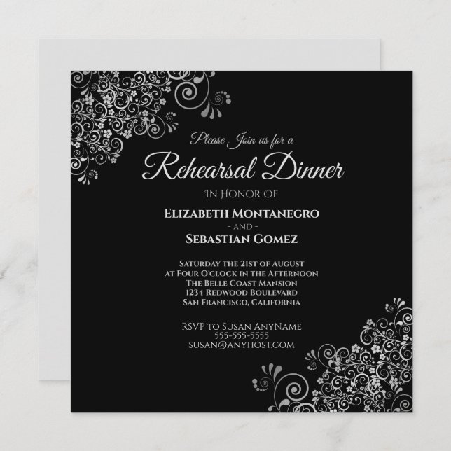 Silver on Black Square Wedding Rehearsal Dinner Invitation (Front/Back)