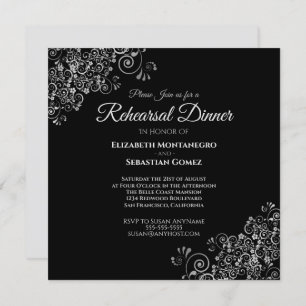 Silver on Black Square Wedding Rehearsal Dinner Invitation