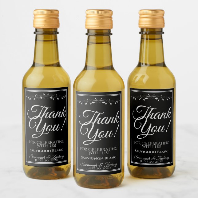 Silver on Black Wedding Mini Wine Bottle Thank You Label (Bottles)