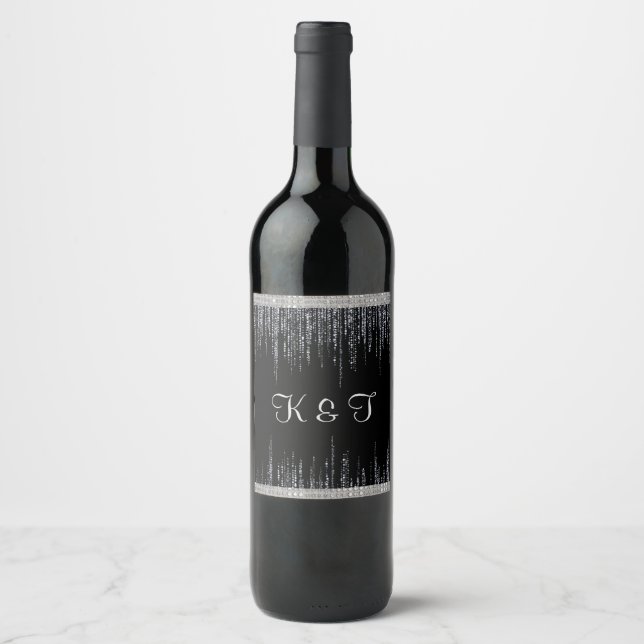 Silver on Black Wedding  Wine Label (Front)