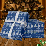 Silver On Blue Merry Happy Chrismukkah Holiday Wrapping Paper<br><div class="desc">Add your name to this classic Merry Happy Chrismukkah holiday wrapping paper in a festive silver and blue pattern of Menorahs and Christmas trees. Simple and fun, this gift wrap is the perfect choice for blended families who celebrate both Hanukkah and Christmas. With sleek minimalist artwork of squared off silver...</div>