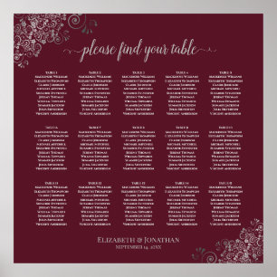Silver on Burgundy 15 Table Wedding Seating Chart